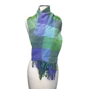 Avoca Handweavers Wool Scarf Purple‎ Green Blue Fringed Plaid